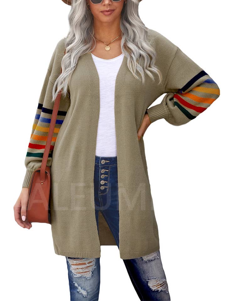 Chicto - Wholesale Cardigan - Women's - Plus Size Cardigan for Women Long Stripe Knit Open Front Sweaters Jacket 2XL