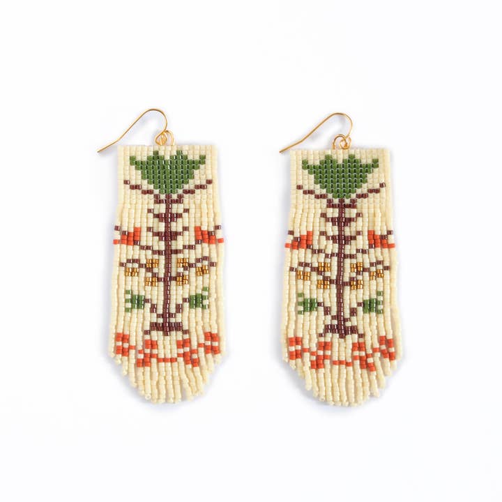 Mayana Designs Co - Wholesale Dangle Earrings - Beaded Handwoven Vintage Flower Fringe Earrings (Cream/Red)3