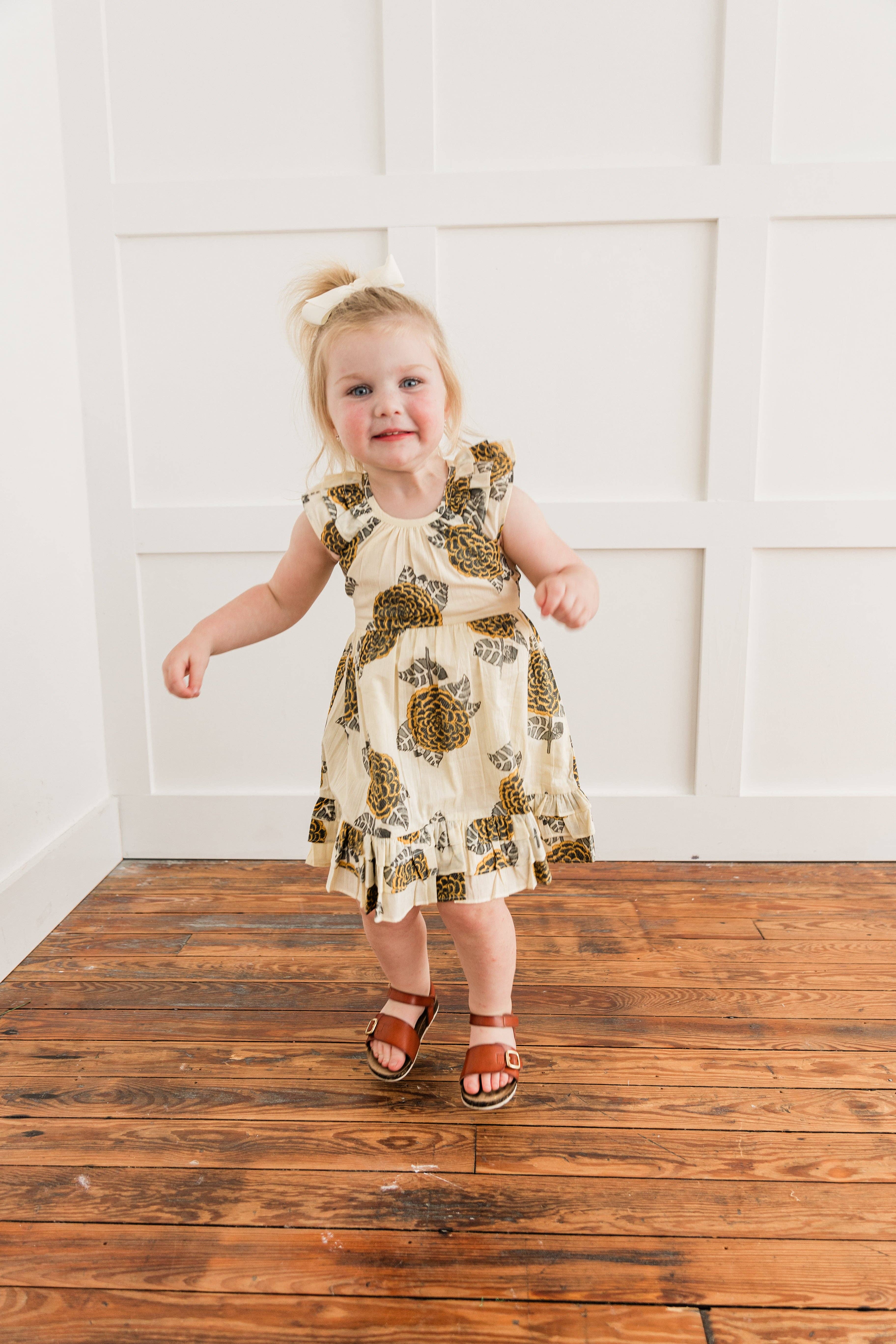 Yo Baby – wholesale Dress – Kids – Mustard & Grey Floral Print Sleeve & Bottom Ruffled Gathered Dress4