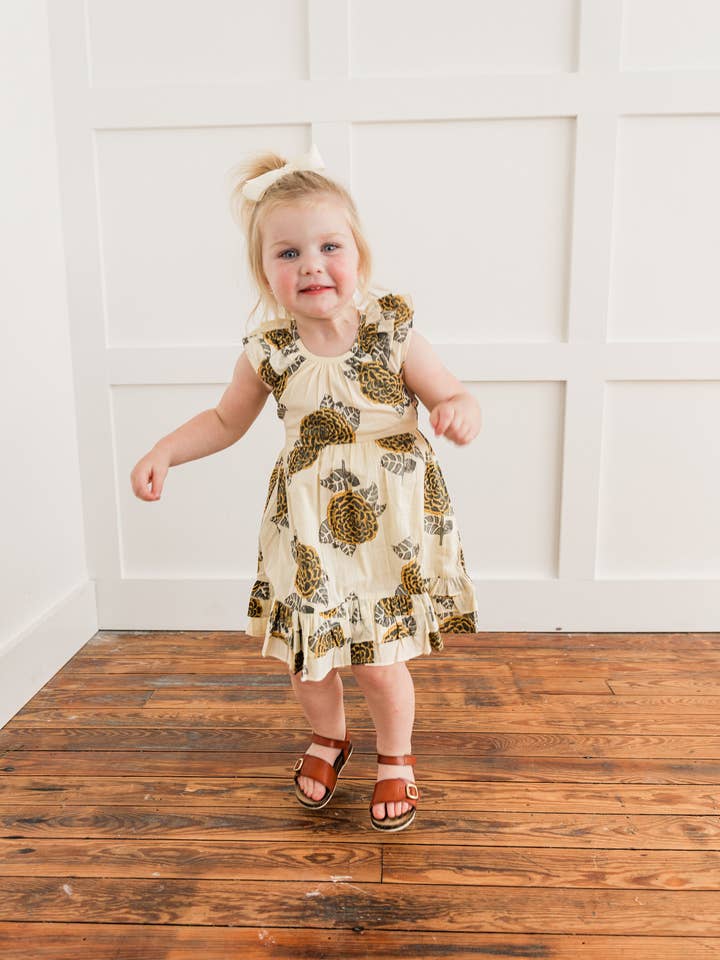 Yo Baby – wholesale Dress – Kids – Mustard & Grey Floral Print Sleeve & Bottom Ruffled Gathered Dress4