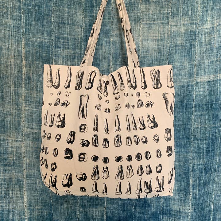 Hand Screen Print Tänder Tandläkare nyfikenhet stor Tote väska för wholesale av Little Baby Kitty