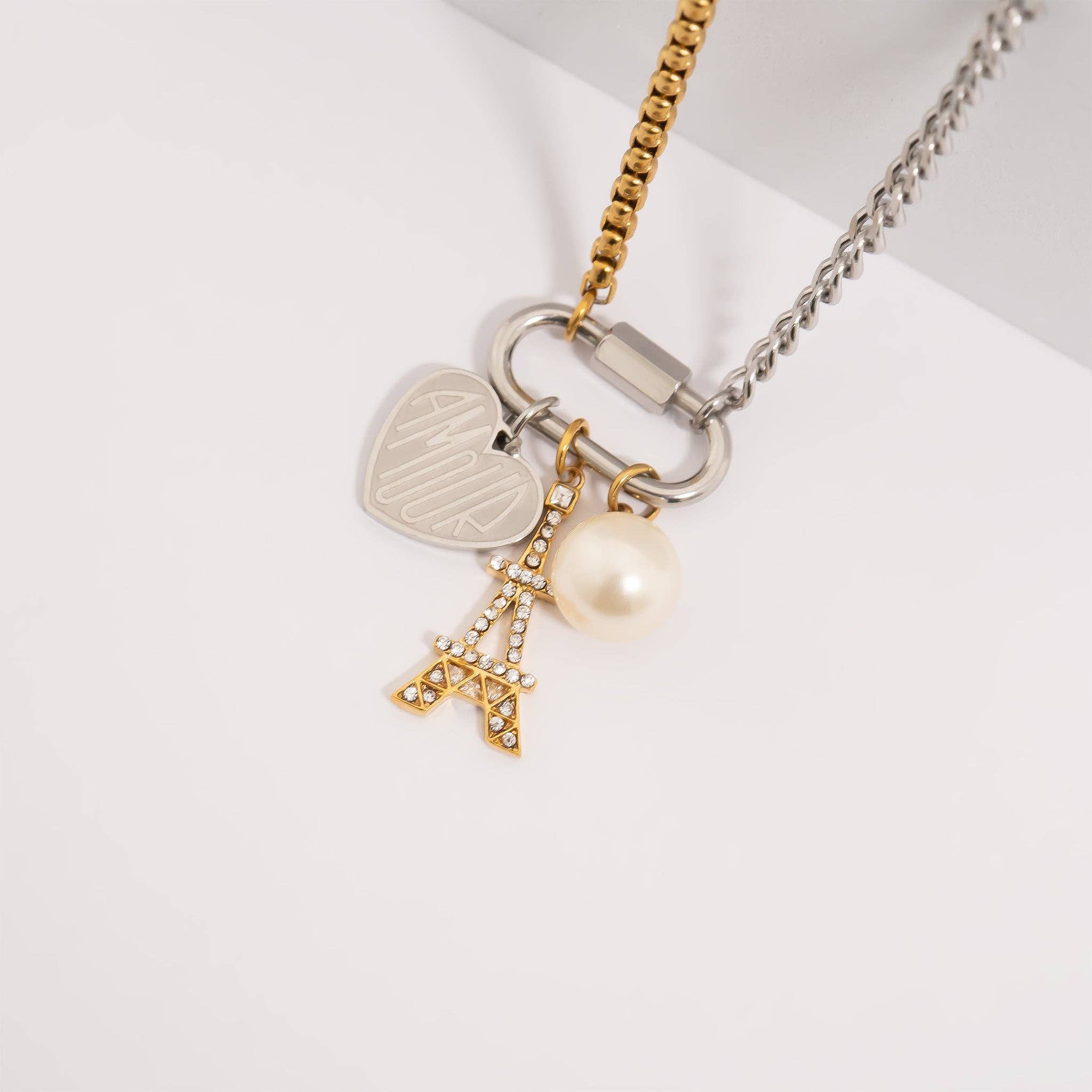 18K Gold Stainless Steel Mixed Metal Carabiner Necklace for wholesale on Faire2