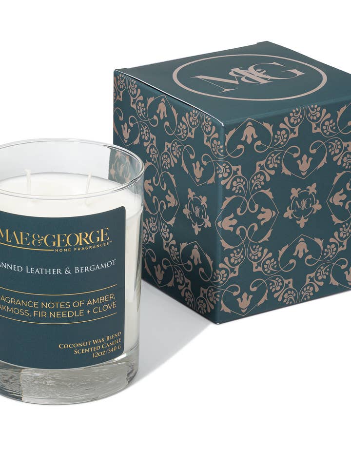 Tanned Leather & Bergamot | Long Lasting Double Wick Candles for wholesale by Mae & George Home Fragrances | Luxury Candles