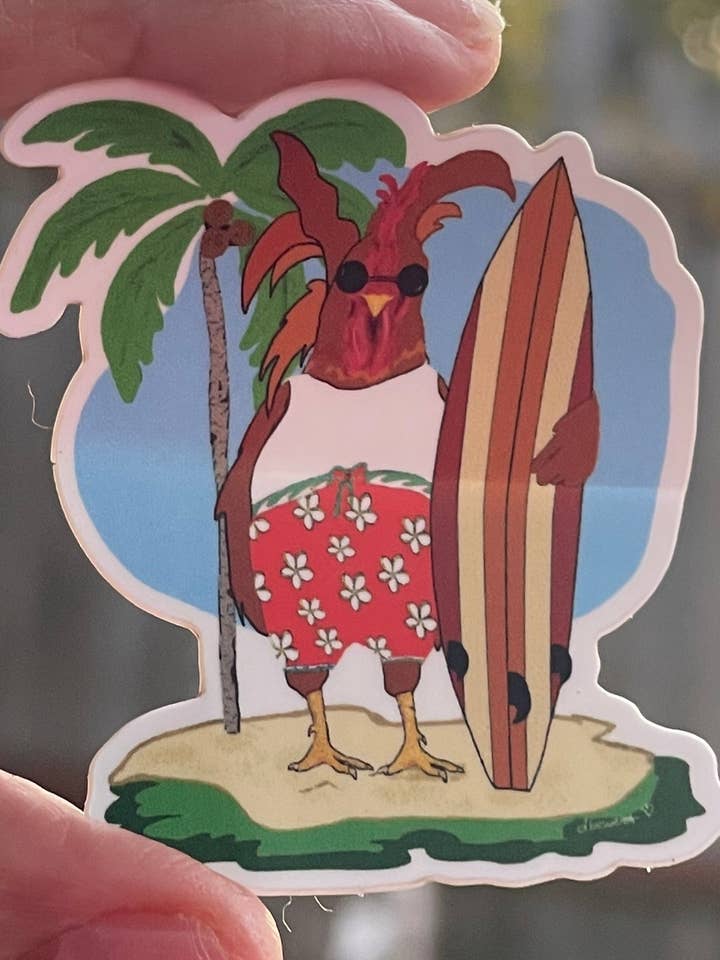 Surfer Rooster Sticker – Hawaiian Surfboard Vinyl Decal, Tropical Chicken Art, Funny Beach Animal Sticker for wholesale by Color Crumbs Club