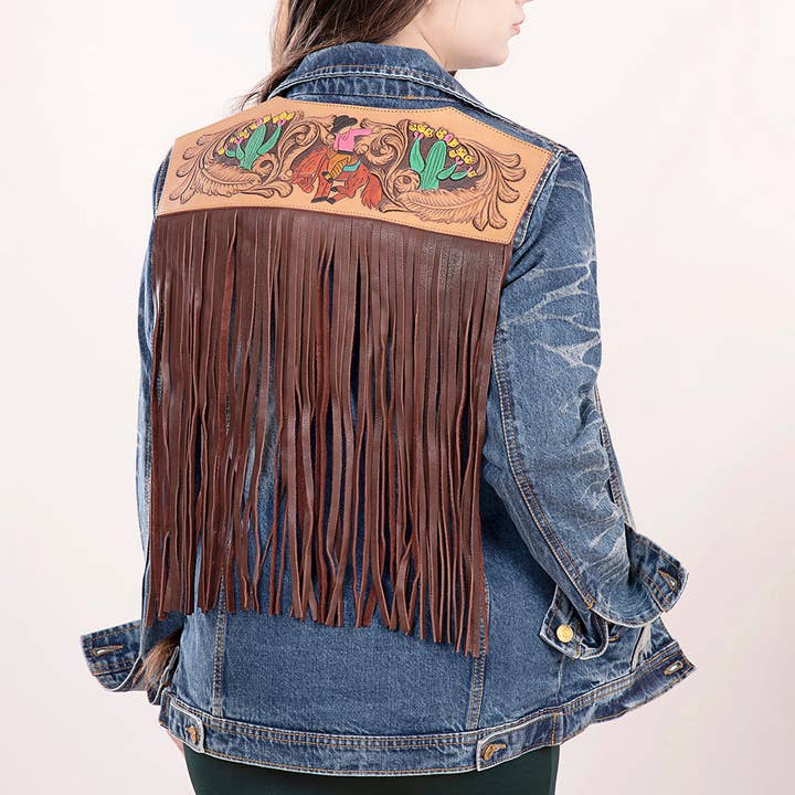 LS Western - Wholesale Denim Jacket - Women's - LC-ADJKT017 Denim Jacket with Tooled Cowgirl Scene & Leather Fringe