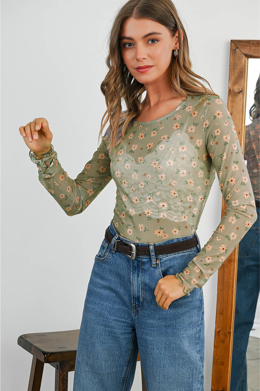 Aapparella - Vente Chemisier – femme - Haut à manches longues en mesh à imprimé floral vintage | S-XL2