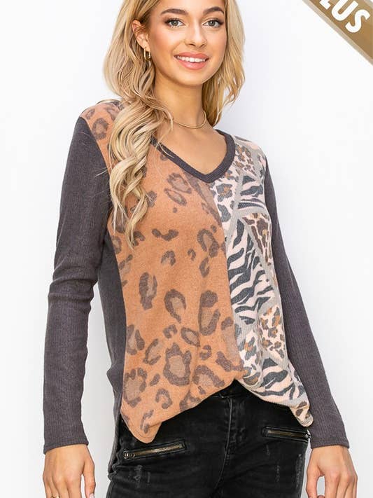 10765LP441 - TOP MULTI-ANIMAUX À MANCHES LONGUES ET ENCOLURE EN V DE GRANDE TAILLE pour la vente par A.gain