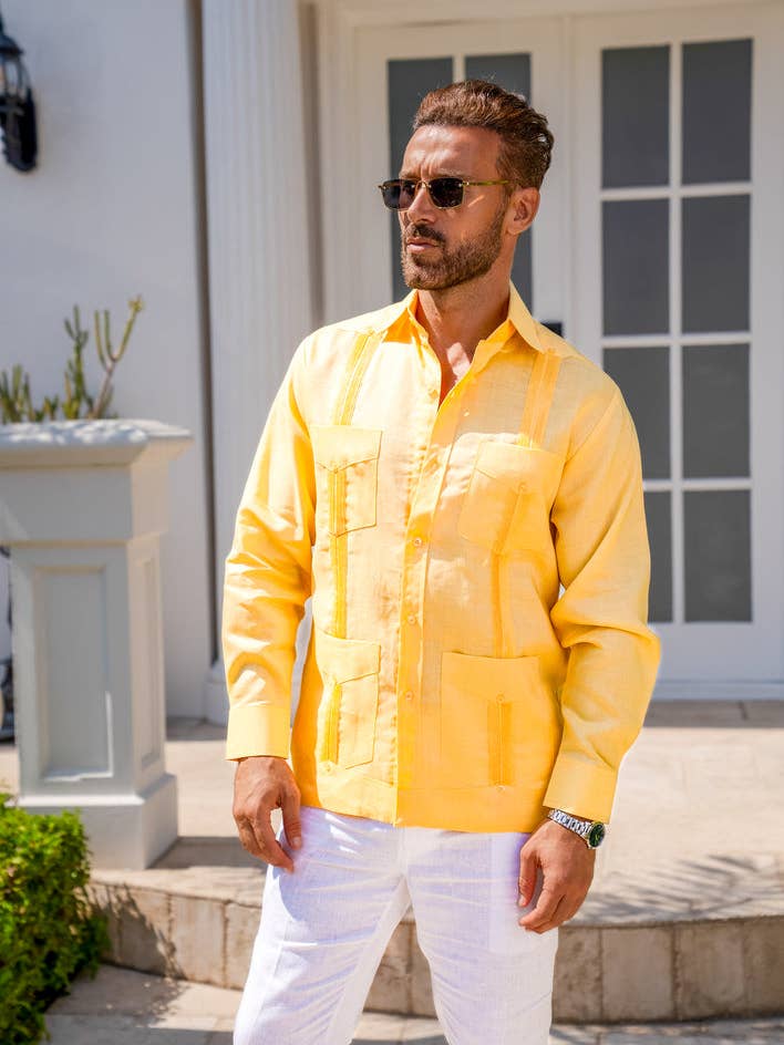 Mojito Men's 100% Linen Four-Pocket Long Sleeve Guayabera Shirt for wholesale by MOJITO COLLECTION