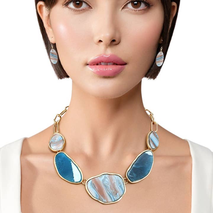 Collar Blue Agate Marbled Gold Necklace for Women for wholesale on Faire
