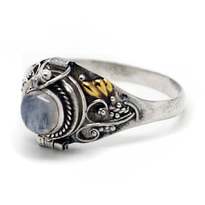 Sterling Silver Round Rainbow Moonstone Poison Locket Ring for wholesale by Silver Insanity