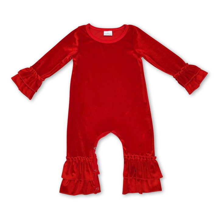 Yawoo Garments - Wholesale Jumpsuit - Baby - Red velvet ruffle baby girls Christmas romper