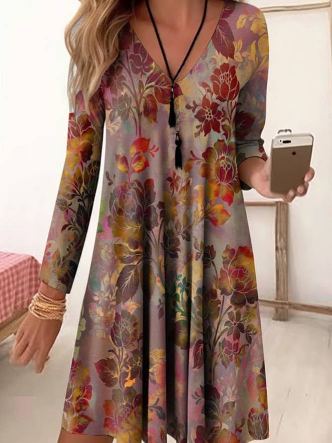 Printed V Neck Long Sleeves Dress ZK776 for wholesale by UNISHE