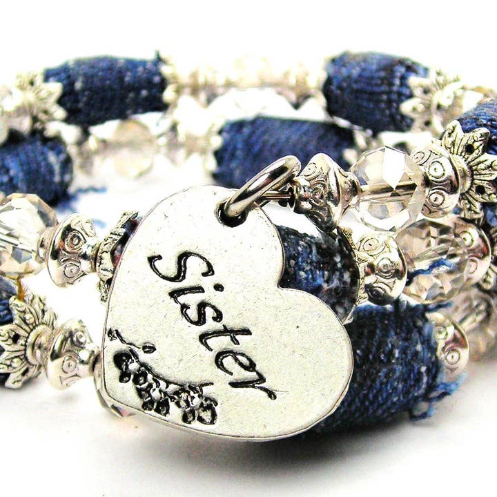 Hermana Heart Pulsera envolvente de Jean azul con cuentas hermanas gemelas para venta al por mayor de Chubby Chico Charms