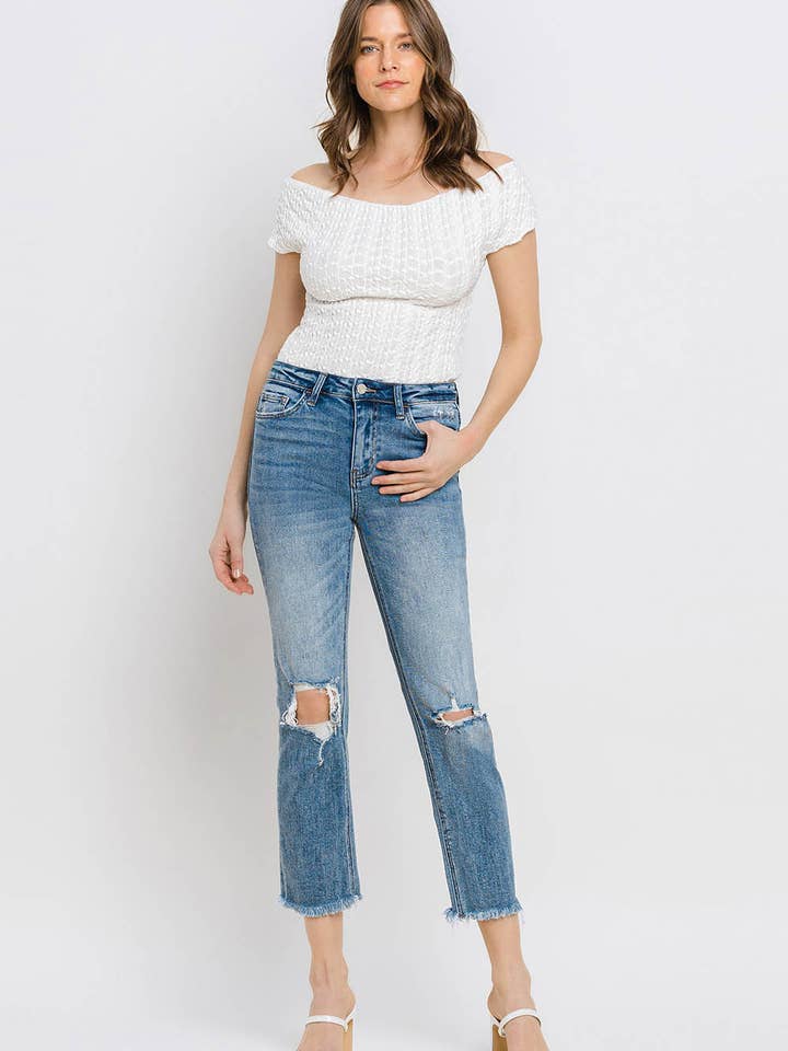 JEANS DE ARRANHA-CÉUS DISTRESSSED CROP SLIM RETOS V2210 por atacado de VERVET by FLYING MONKEY