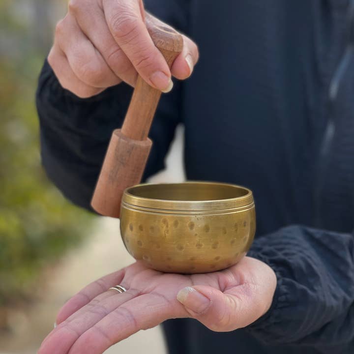 Lungta Imports - Wholesale Meditation supplies - Tibetan Palm Size Singing Bowl Complete Set Meditation Yoga2