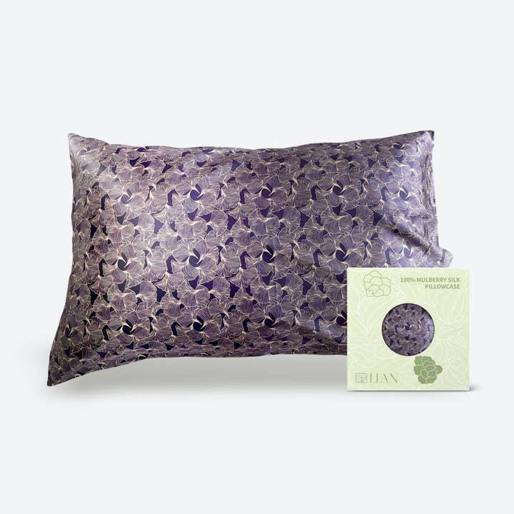 Lian Collection - Vente Taies/housses d'oreiller - Taie d'oreiller 100 % soie de mûrier - Feuille de ginkgo bleue et argentée0