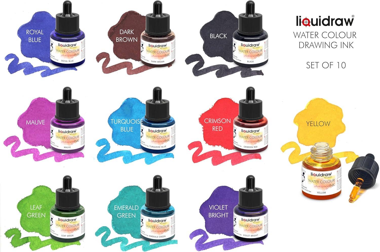 Liquidraw – wholesale Ink pad – Liquidraw Watercolour Drawing Ink Set of 10 Assorted Colours | 35ml Bottles with Ink Dropper | Water Colour Inks for Art1