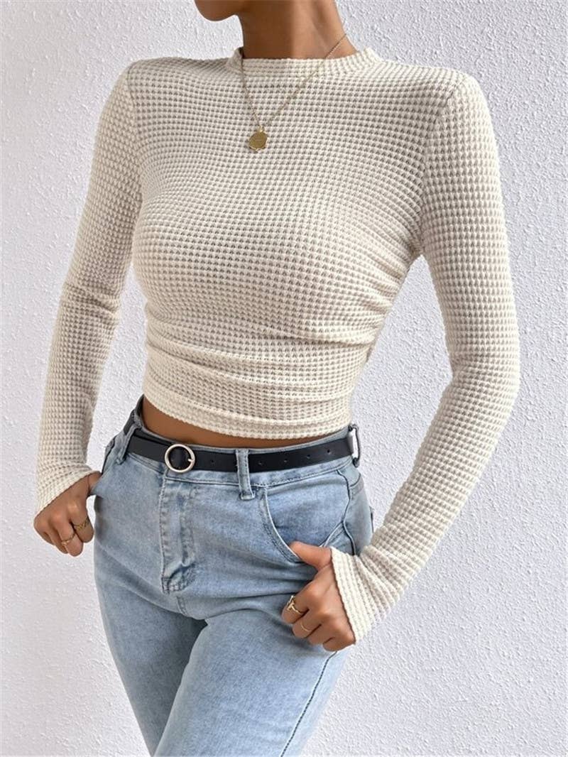 Rosa Clothing - Wholesale Knit Top - Women's - Waffle slim fit crewneck long sleeve t-shirt8