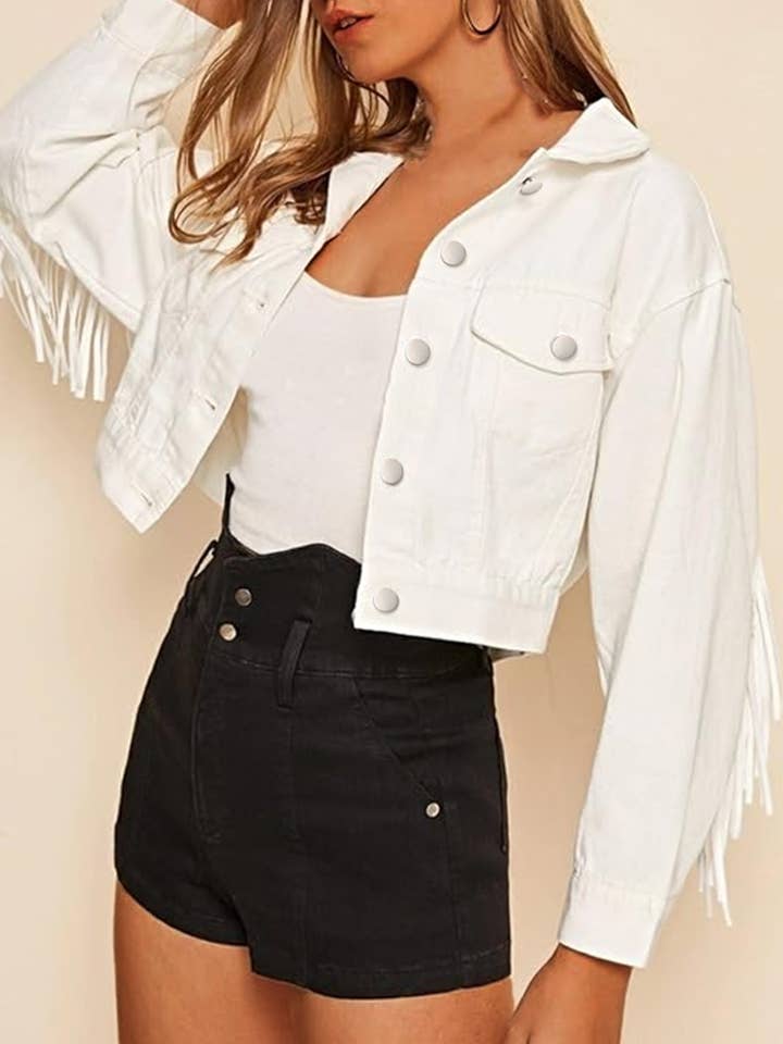 Blanc Veste en jean blanche à franges pour femme. en vente sur Faire1