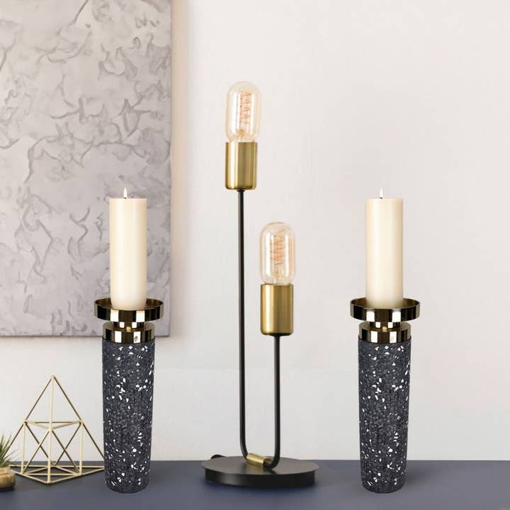 Aria Home – Engroshandel Lyseholder – Sæt med 2 guld cylinder lysestager - Moderne dekorative lysestager med splatter finish til middag