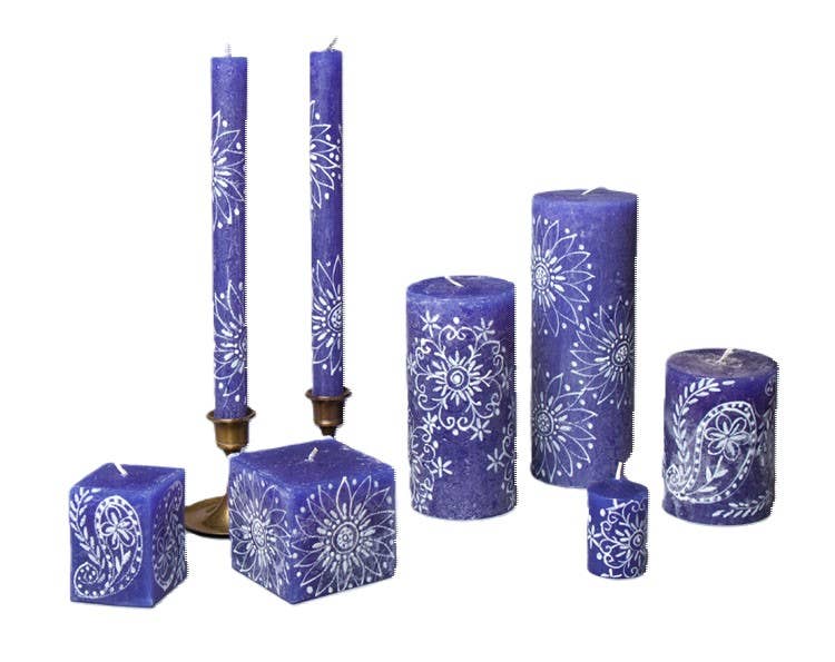 Henna White on Blue Candle for wholesale by Thumbprint Artifacts