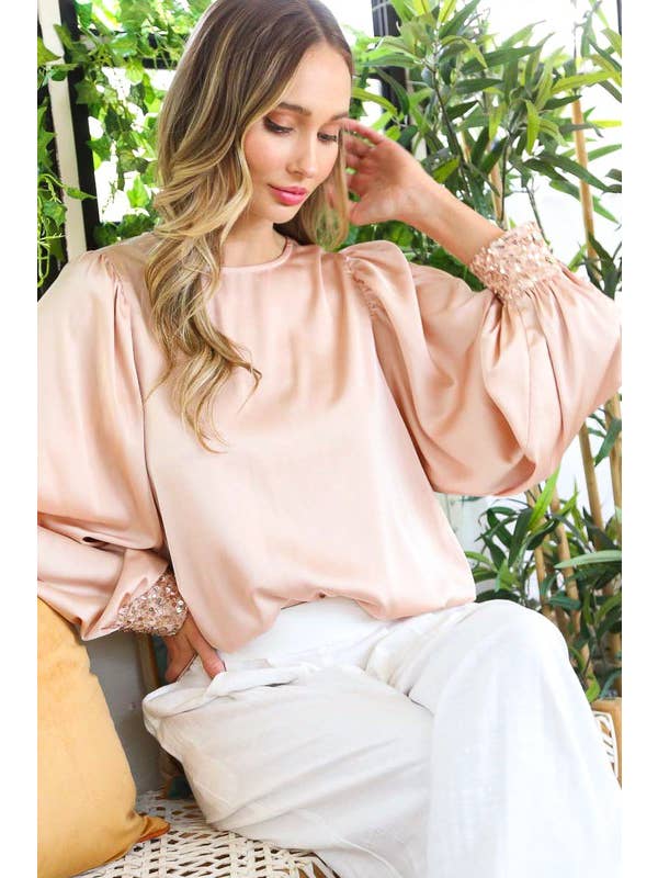 Vine & Love - Wholesale Blouse – Women’s - Sequin Cuff Accent Crew Neck Satin Blouse Top VT812591