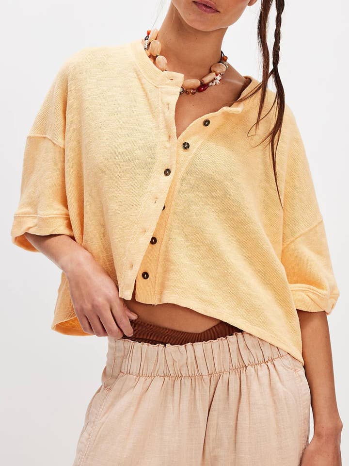 oversized boxy round neck Buttoned short sleeve knit top for wholesale by Rosa Clothing
