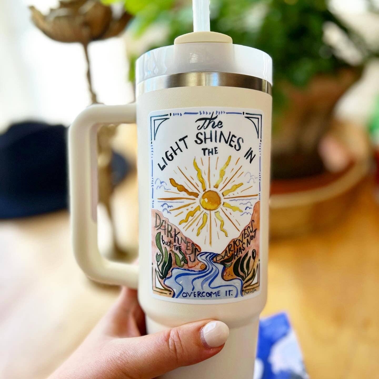 True Cotton - Wholesale Sticker - Boho Christian Scripture Sticker - John 1:5 sun mountains True Cotton2