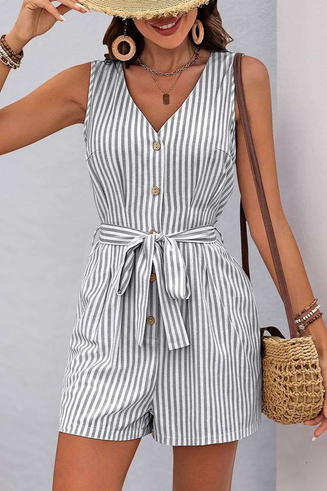UNISHE - Wholesale Romper - Women's - V-neck Sleeveless Striped Jumpsuit BFZY130020