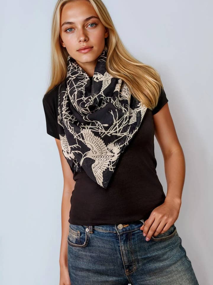 Vintage Japanese Cranes Ivory & Black Cotton Scarf 120cm * 120cm for wholesale by Artemis Muse