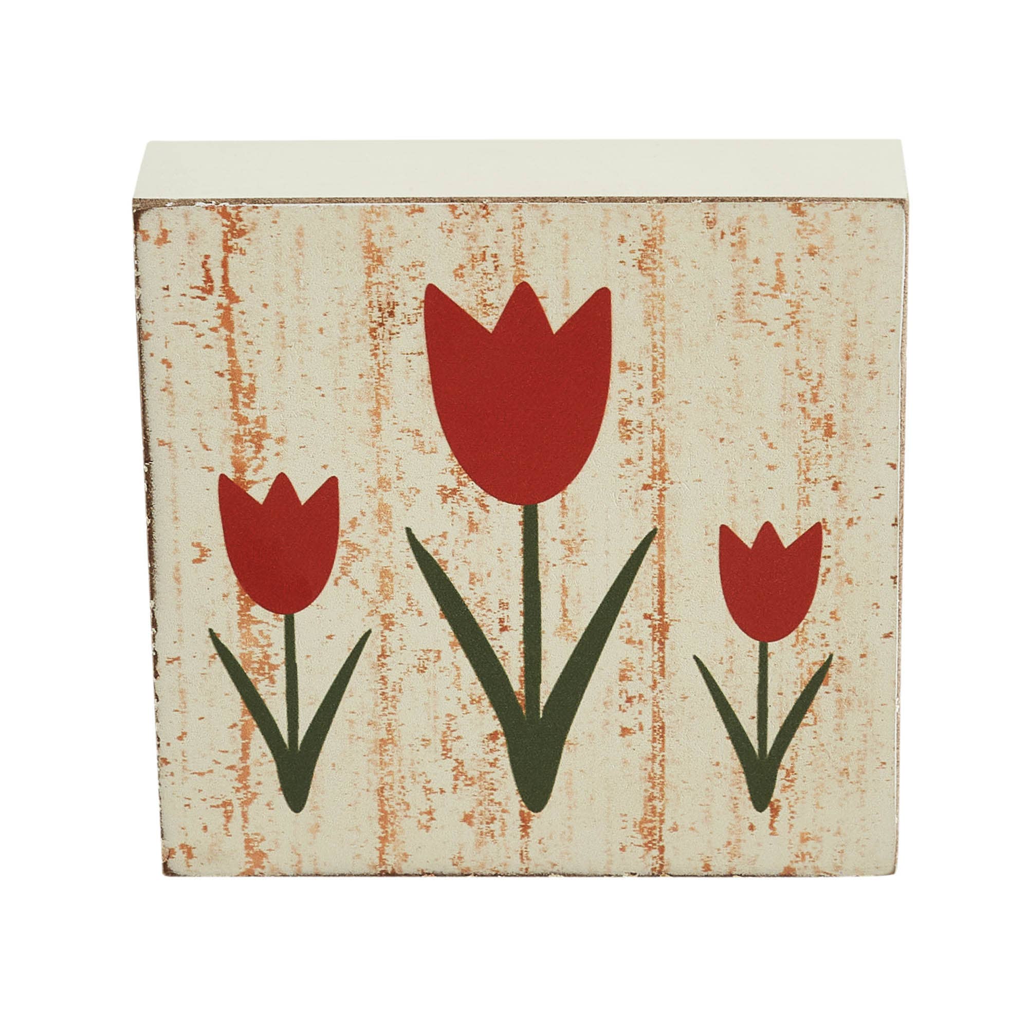 VHC Brands - Wholesale Sign - Spring In Bloom Red Tulips Distressed Antique White MDF Block Sign 5x5x11
