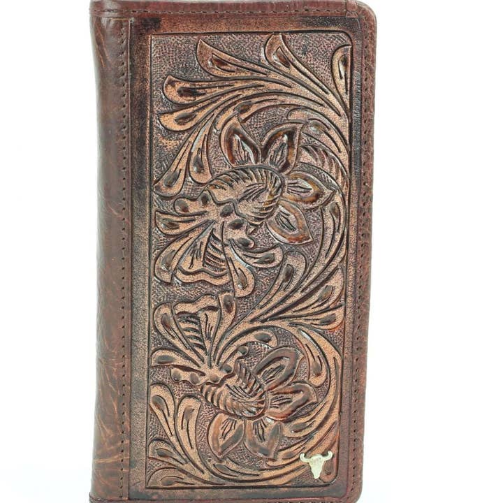 Tooled leather floral filigree Western rodeo wallet #AB W 10 for wholesale by Leather Impressions Inc