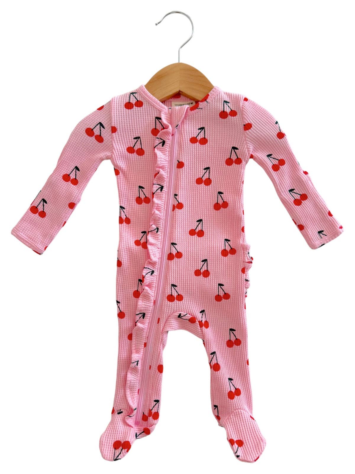 SpearmintLOVE - Wholesale Jumpsuit - Baby - Organic Waffle 2-Way Zip Ruffle Footie, Pink Cherries1