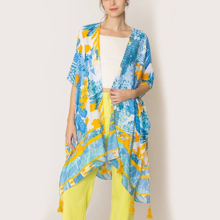 Fashion City - Wholesale Kimono - Women's - Tropical Floral Print Tassel Kimono Cover-up