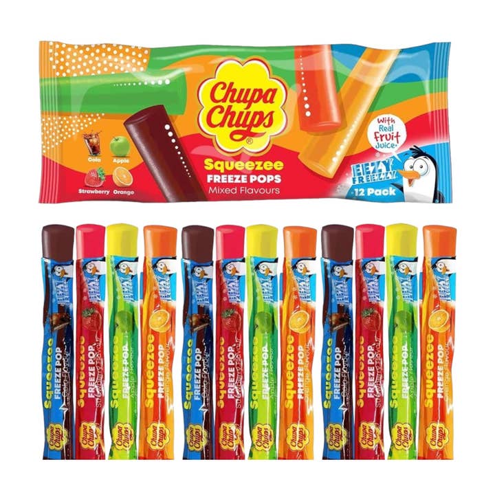 Made in eatalia - Wholesale Lollipop - Chupa Chups Squeezee Freeze Ice Pops Cola, Apple, Strawberry And Orange 12x 45ml -