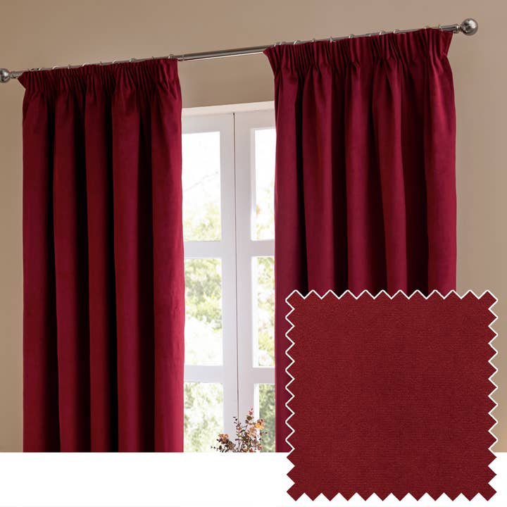 The Ultimate Velvet Pencil Pleat Curtains Burgundy for wholesale by Riva Home
