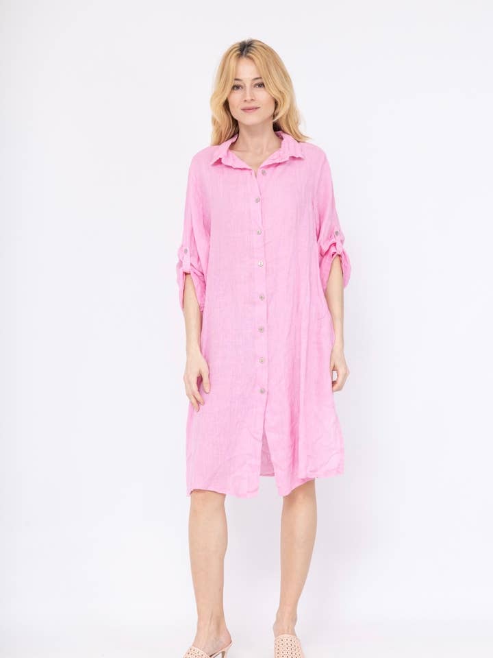 la maison des fibres naturelles - Wholesale Dress - Women's - Mid-length buttoned shirt dress 100% linen 693190