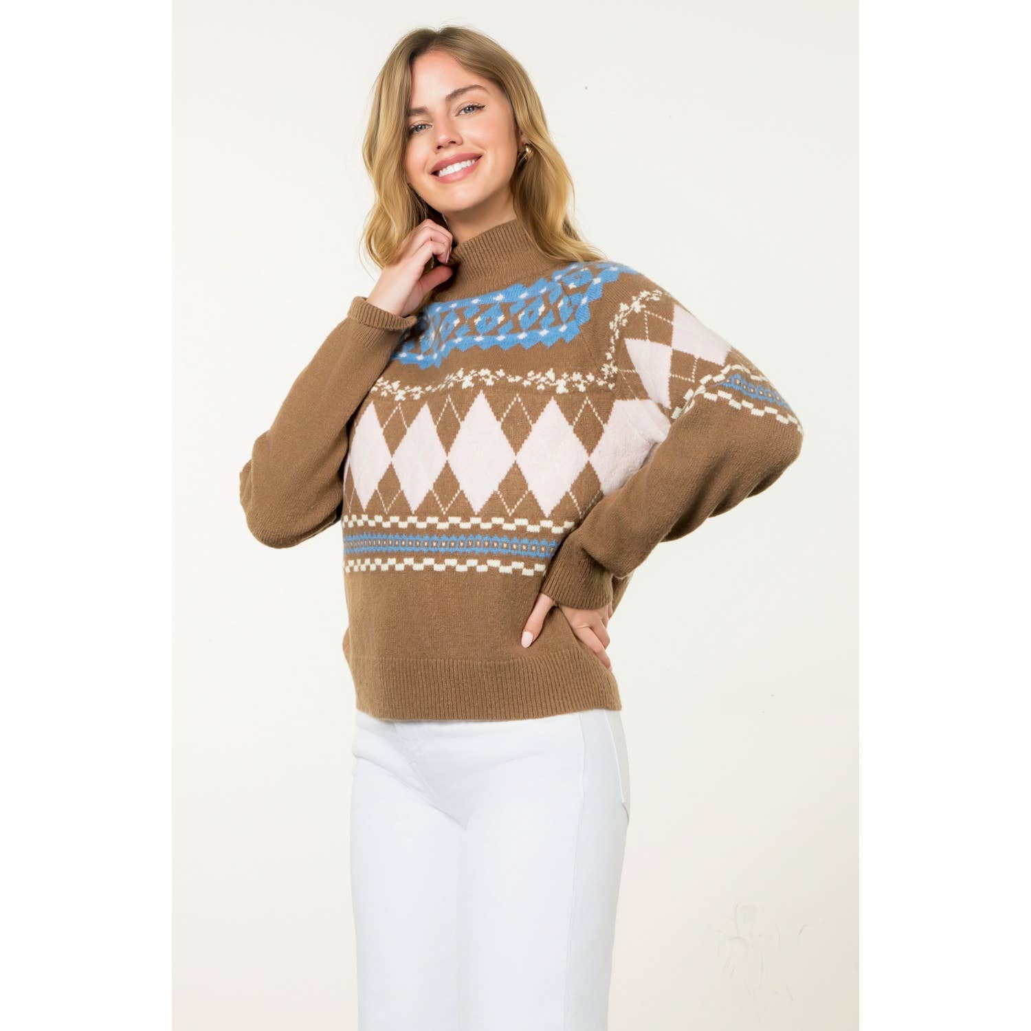 BROWN Argyle Fair Isle Mock Neck Sweater for wholesale on Faire9