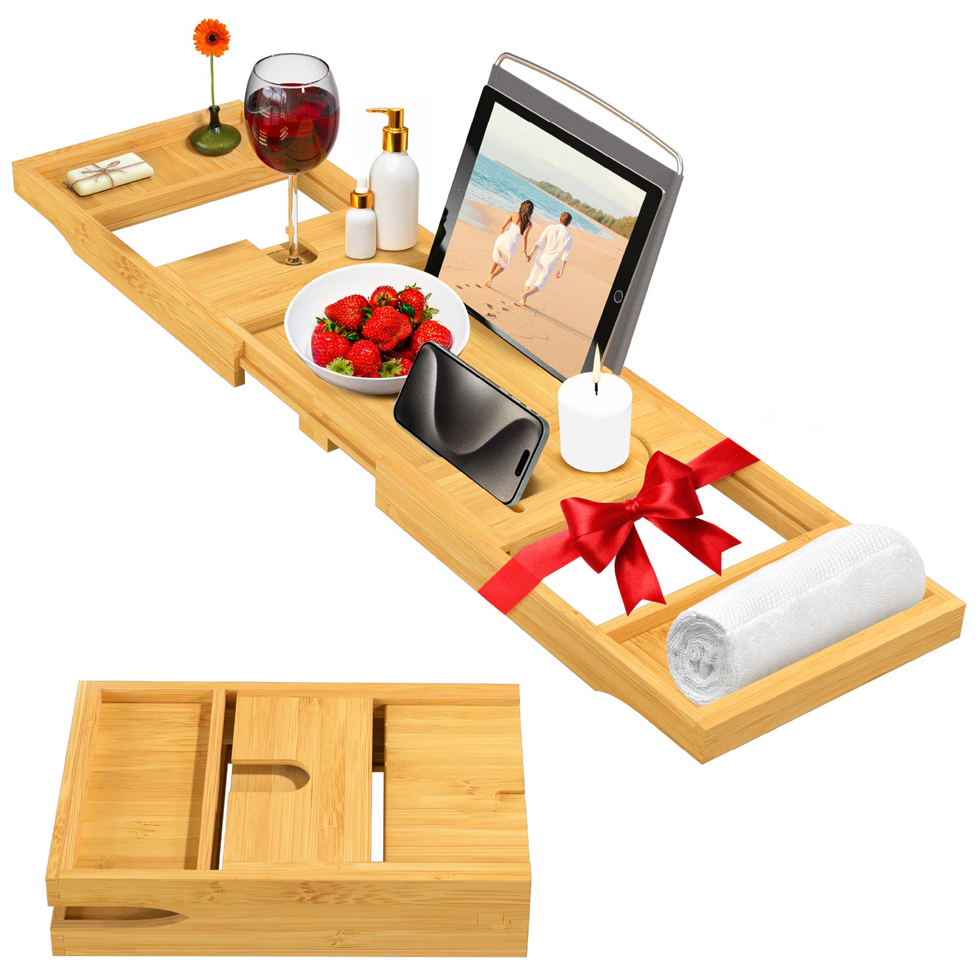 Bambusi - Wholesale Bath Caddy - Bamboo Bathtub Tray for Tub - Expandable Bath Tray for Tub5