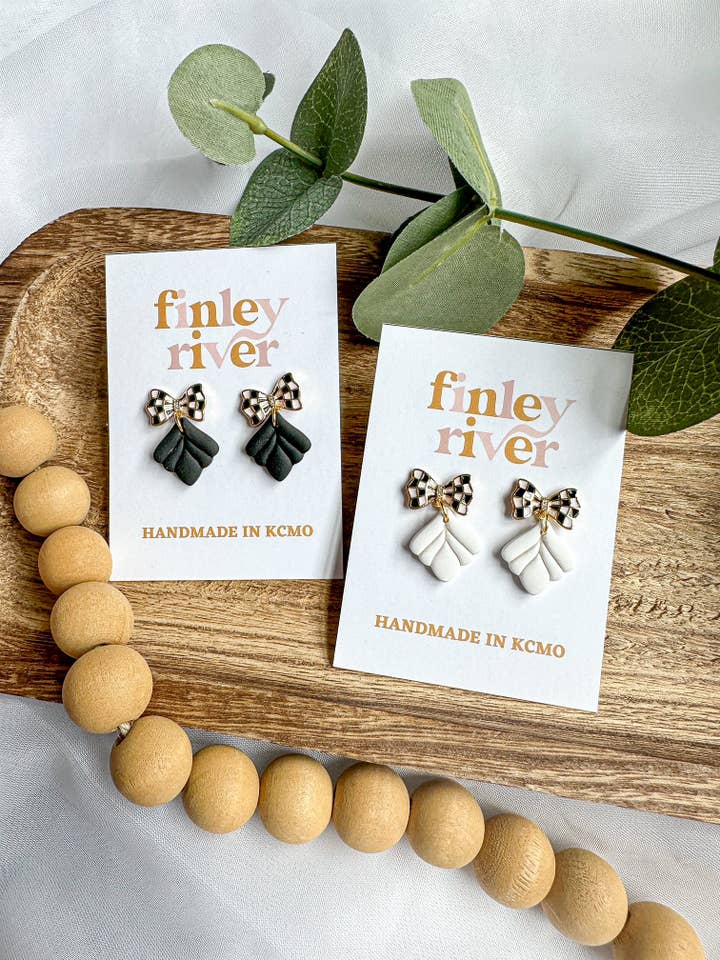 Handmade Polymer Clay Earrings | Unique Gifts for Her | Hypoallergenic Dangles | Checkered Bows | Black + White for wholesale by Finley River | Trendy Polymer Clay Earrings | Hypoallergenic