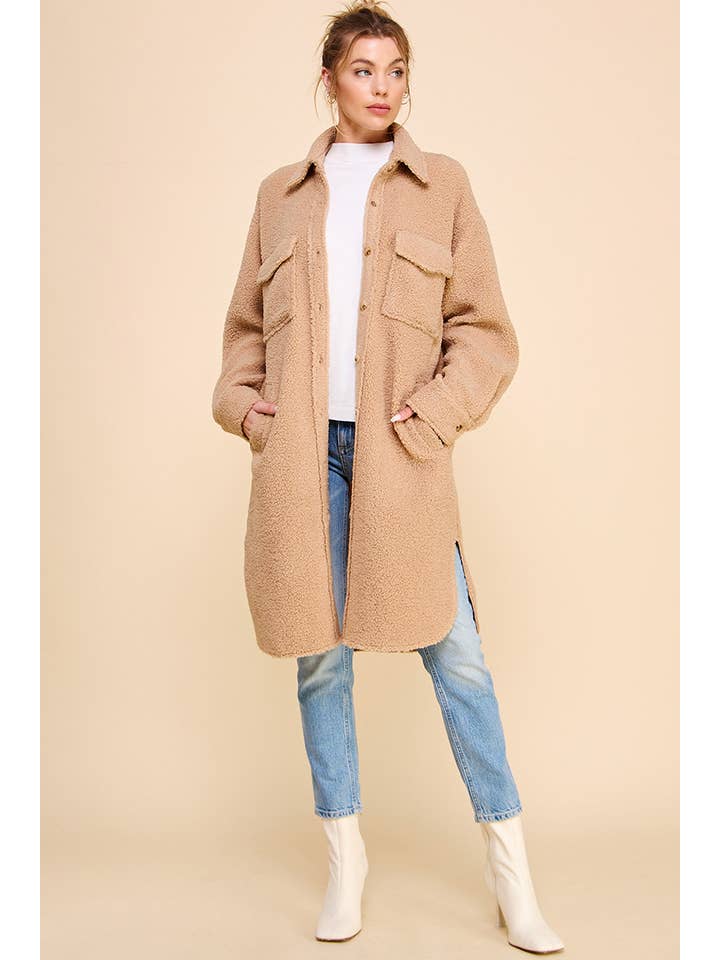 Dusty Rose Long Sherpa Shacket with Pockets for wholesale on Faire