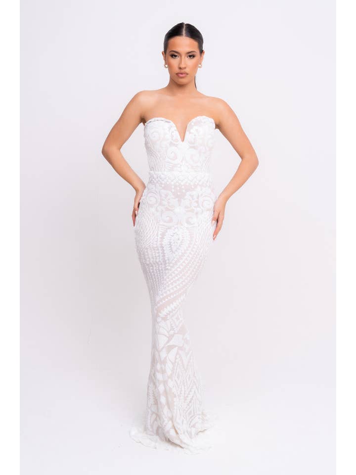 Nazz Collection Clothing Ltd - Wholesale Dress – Women's - Kenza White Luxe Sweetheart Plunge Sequin Embellished Fishtail Dress2