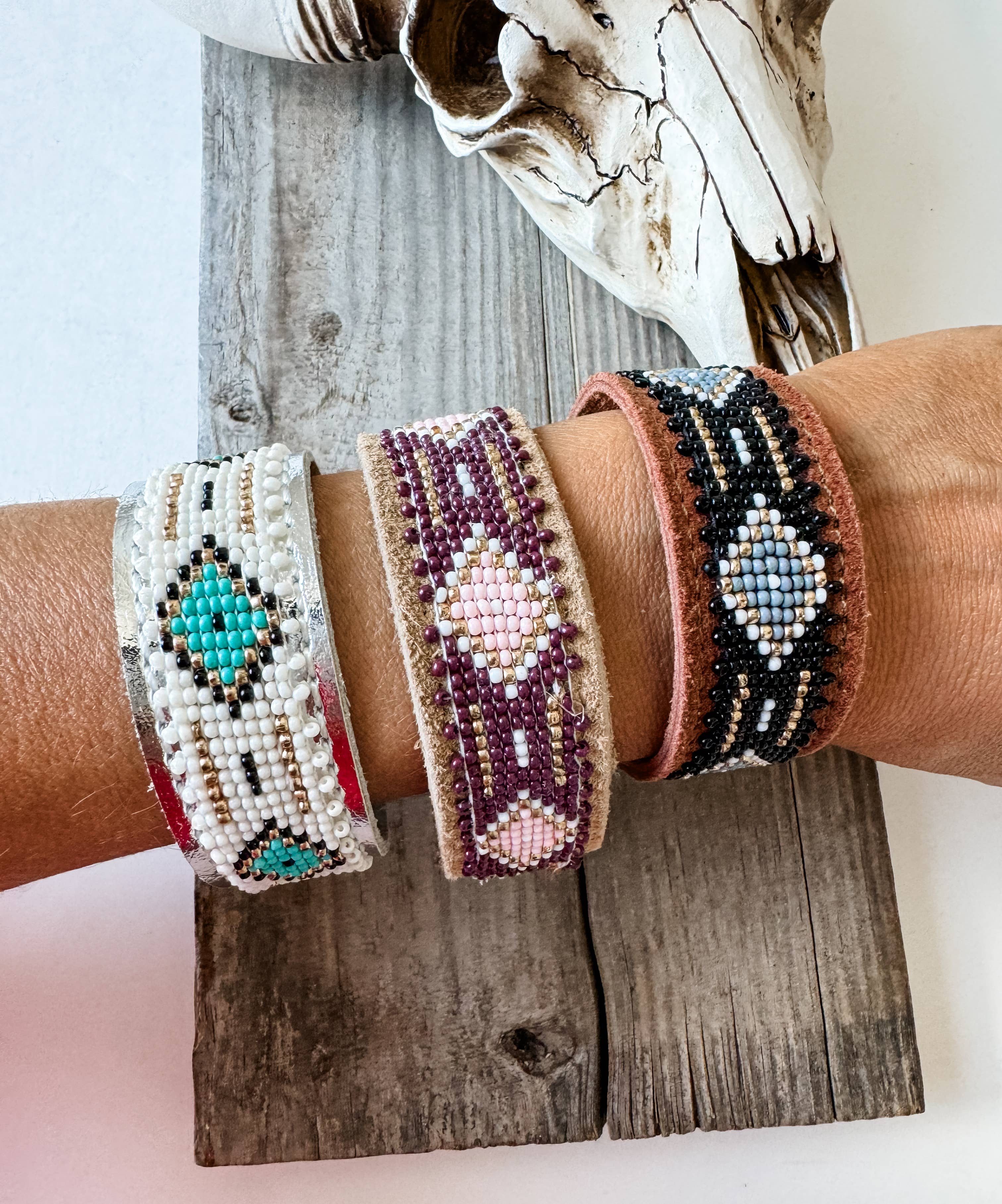 Boho Ranch Shop - Wholesale Cuff Bracelet - Western Aztec Pattern Seed Bead Leather Cuff Bracelet0