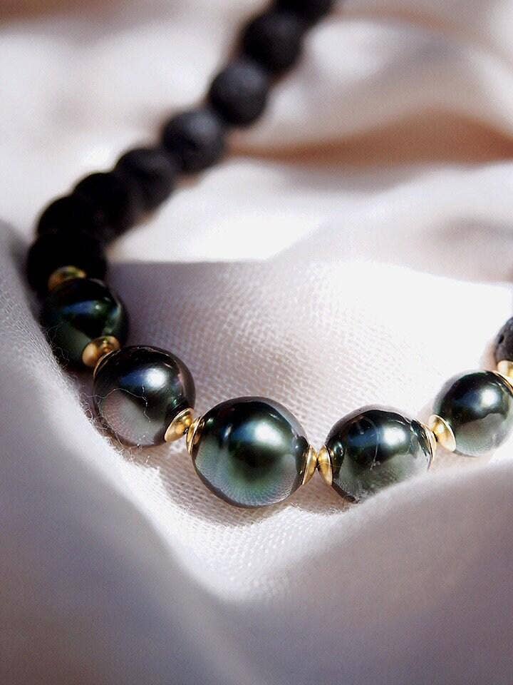 Five Black Tahitian Pearl Lava Bead Necklace - Moana for wholesale by Ke Aloha Jewelry