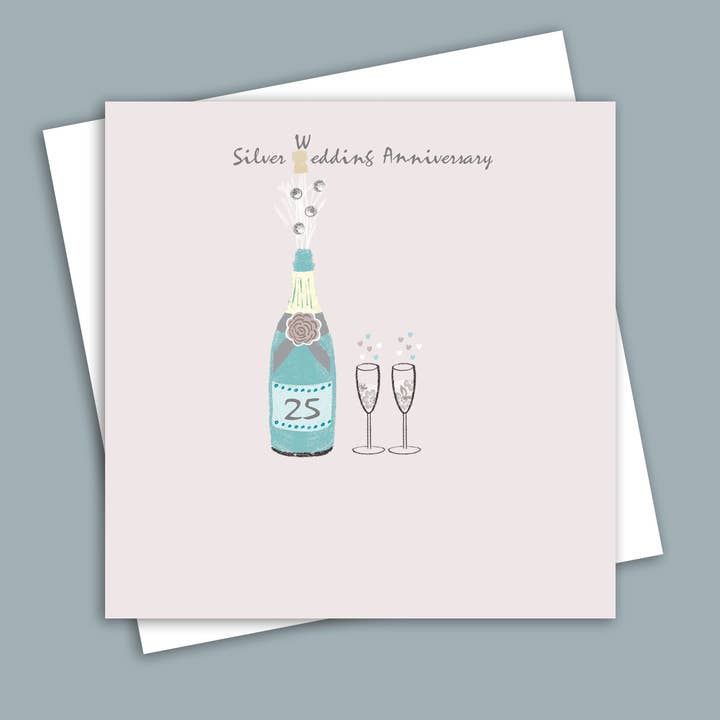 Silver Wedding Anniversary Card - Popped Champagne for wholesale by Lou Mills