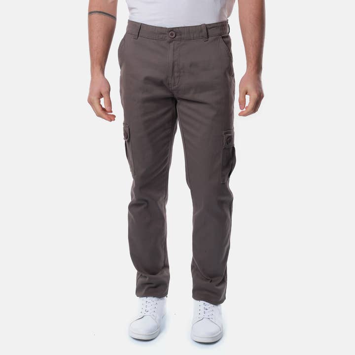 Men's plain grey multi-pocket cargo pants for wholesale on Faire
