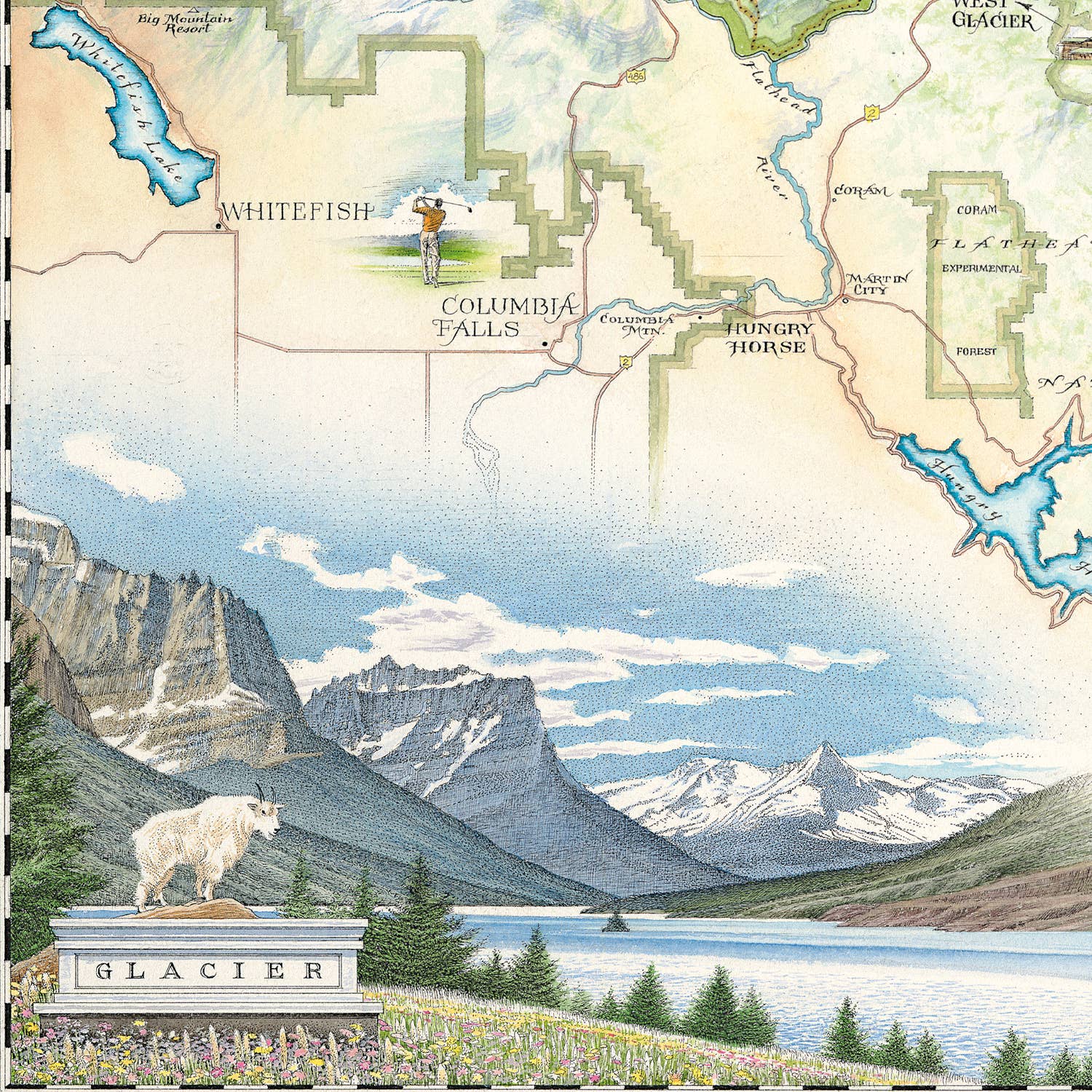 XPLORER MAPS - Wholesale Map - Glacier National Park Hand-Drawn Map1