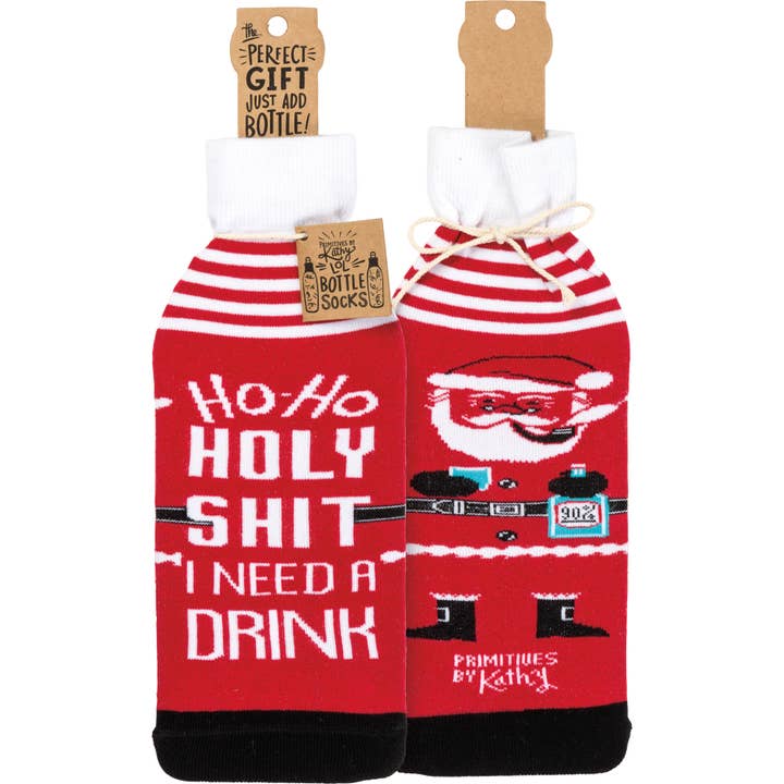 Primitives by Kathy - Wholesale Wine Gift Bag - Ho Ho Holy I Need A Drink Bottle Sock