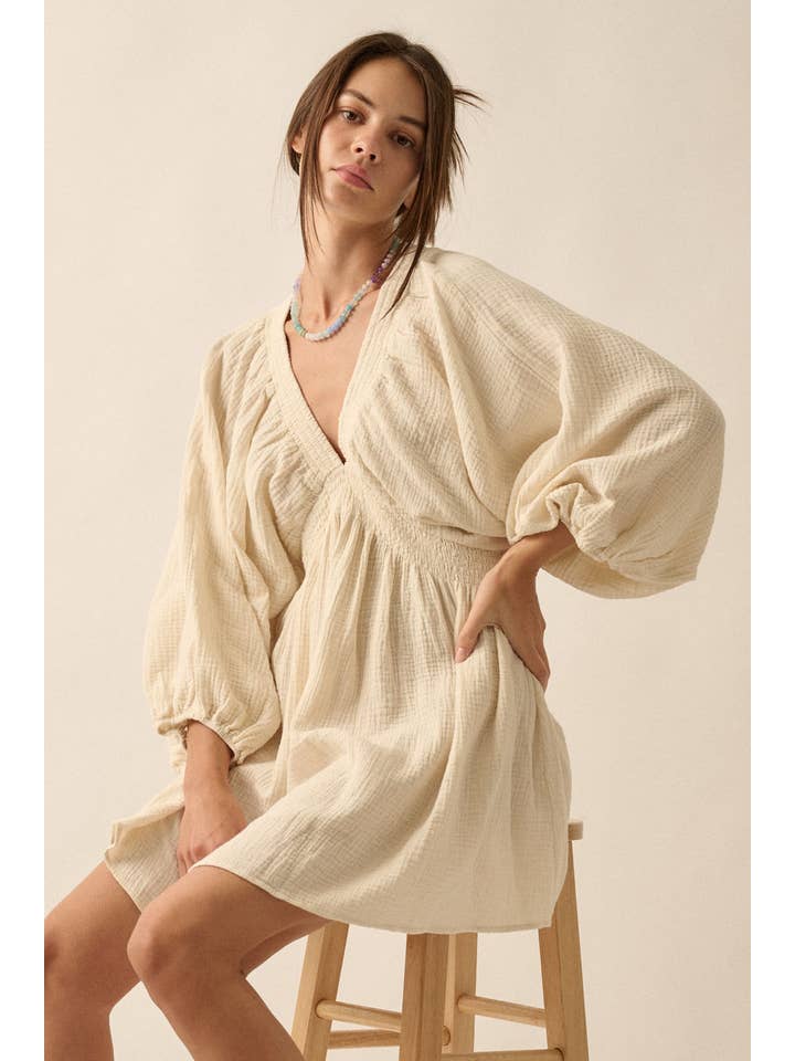 Promesa USA - Wholesale Dress - Women's - Crinkle Cotton V-neck Dolman-Sleeve Mini Dress8