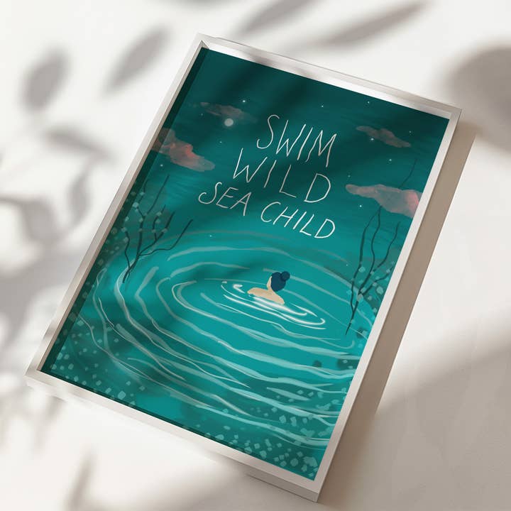 Swim Wild Sea Child Cornish Illustrated A4 Art Print for wholesale by Salty Siren Studios